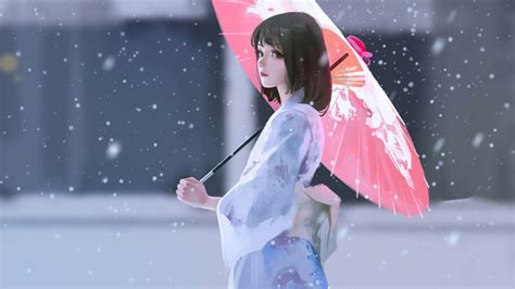 Beautiful Anime Girl Kimono Umbrella Snowing 4k 6