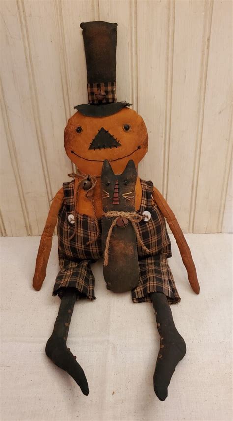 Primitive Grungy Pumpkin Boy Prim Halloween Doll His Spooky Black Cat