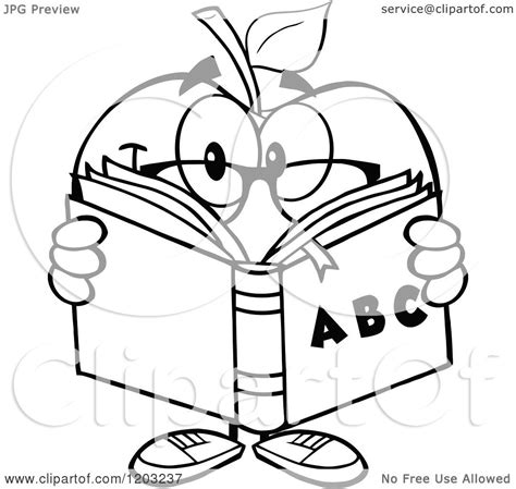 Cartoon Of A Black And White Apple Character Reading An