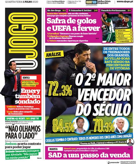 O jogo is a portuguese daily sport newspaper published in porto. Capa Jornal O Jogo - 1 julho 2020 - capasjornais.pt