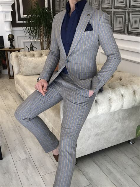 Yellow Gray Slim Fit 2 Piece Peak Lapel Pinstripe Suit For Men