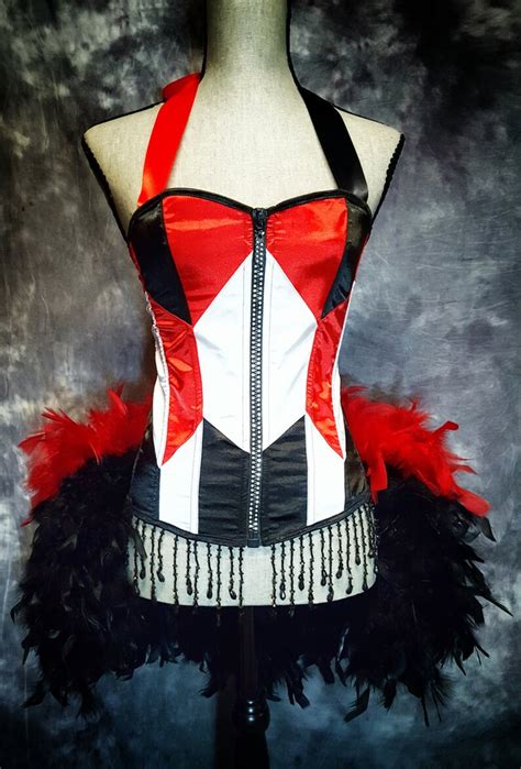 Geometric Red White Black Burlesque Corset Harley Quinn Etsy