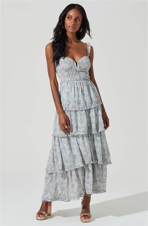 Flutter Strap Floral Tiered Maxi Dress - Light blue floral / L | Floral