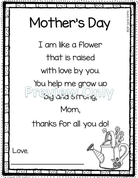 Mothers Day Poem With Flowers And Watering Can In Black And White On