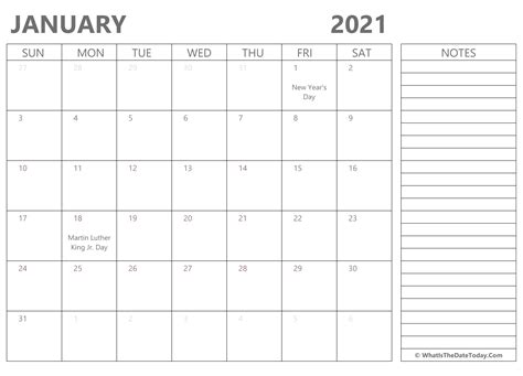 Edit and print your own calendars for 2021 using our collection of 2021 calendar templates for excel. Editable January 2021 Calendar with Holidays and Notes | Whatisthedatetoday.Com