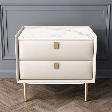 Modern 2 Drawers Pu Leather Bedside Table Nightstand With Gold Metal