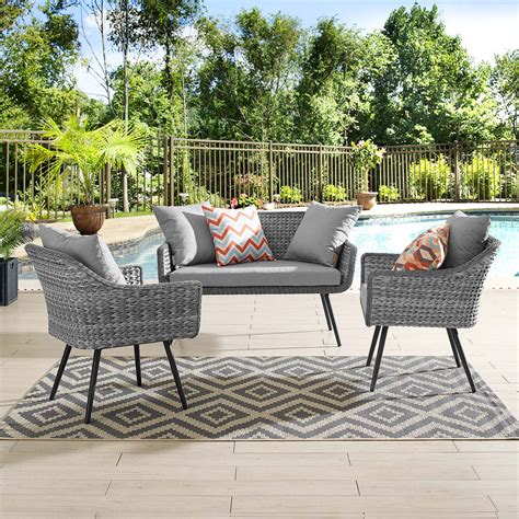 Endeavor 3 Piece Outdoor Patio Wicker Rattan Sectional Sofa Set In Gray