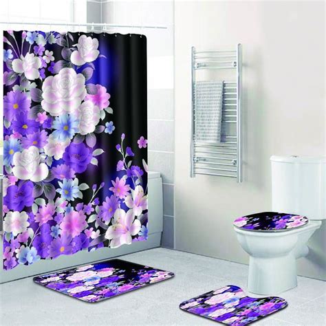 Purple Flower Polyester Shower Curtain Bathroom Waterproof