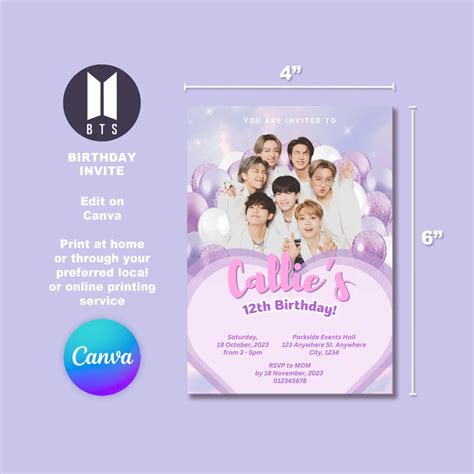 Printable Bts Birthday Invitation Digital Kpop Party Invite Custom