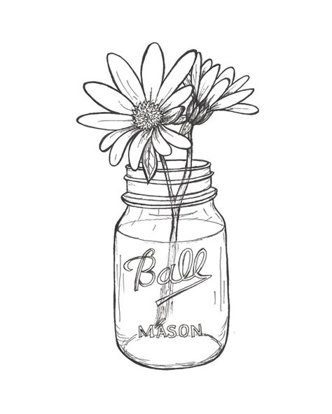 A Drawing Of A Mason Jar With Daisies In It