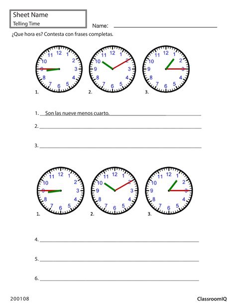 Time Spanish Worksheet