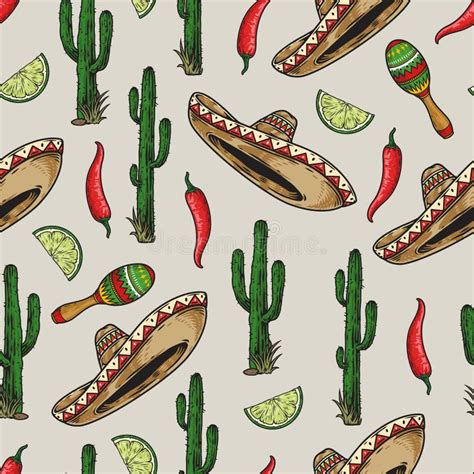 Colorful Seamless Pattern With Sombrero And Cactus Stock Vector
