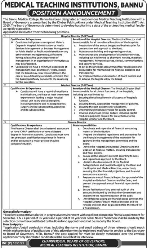 Pakistan Government Jobs Medical Teaching Institution Mti