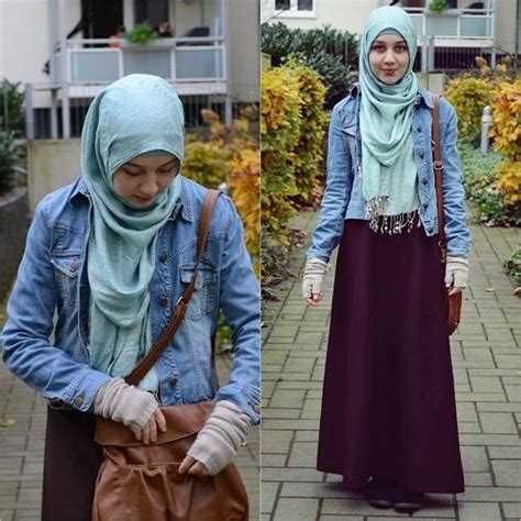 Fesyen wanita pakaian fesyen pakaian india jaket jean blaus. Jean jackets + blue hijab + black skirt. #hijab #fashion ...