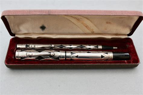 Waterman Sterling Silver Lever Filler Fountain Pen And Pencil Set Basket Weave Pattern