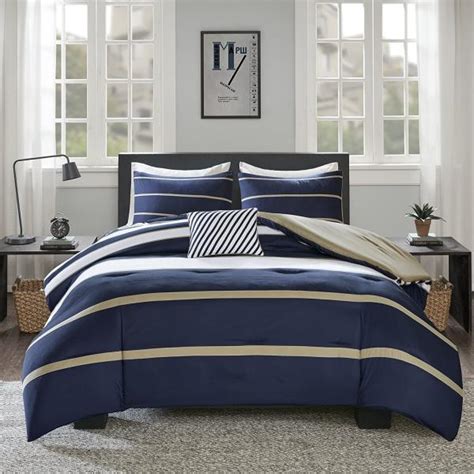 Navy Blue Tan White Stripe 4pc Comforter Set Twin Xl Full Queen Cal