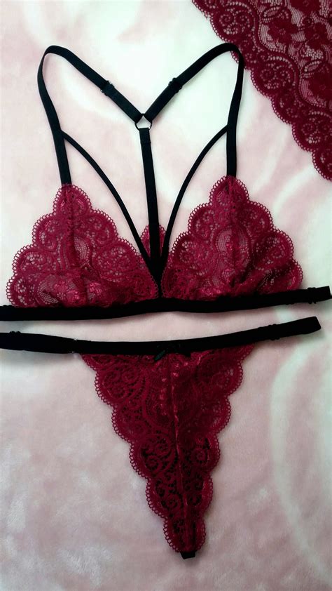 Sexy Lace Lingerie Set Red Burgundy Bralette Sheer Etsy