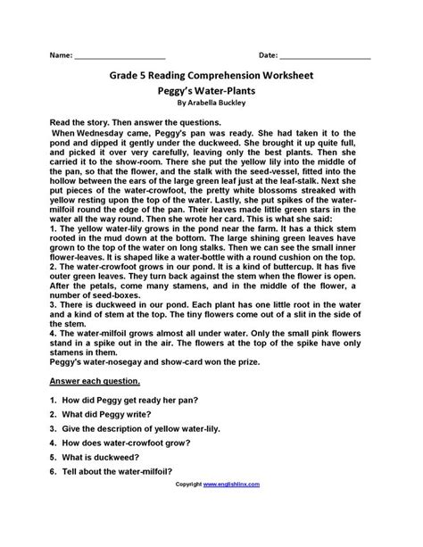 Check suggested activities for recommendations and activities based on screening results. Peggy's Water Plants Fifth Grade Reading Worksheets ...
