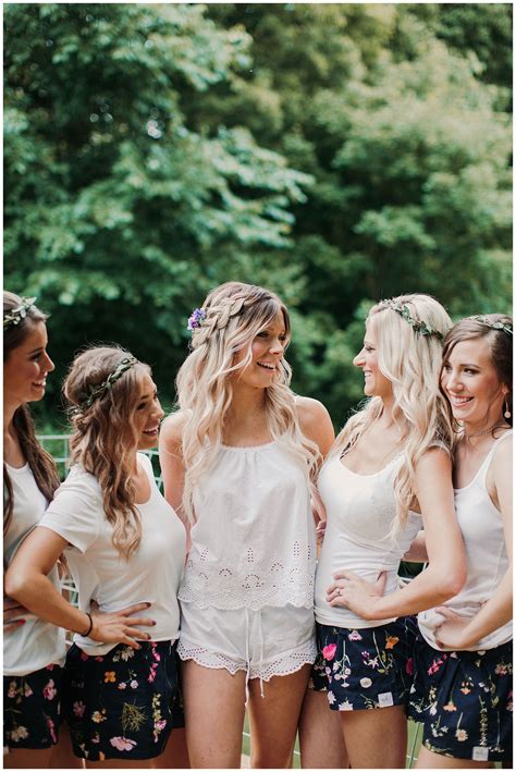 Bride And Bridesmaids In Cute Matching Floral Print Shorts Before Holland Mi Wedding At Bak