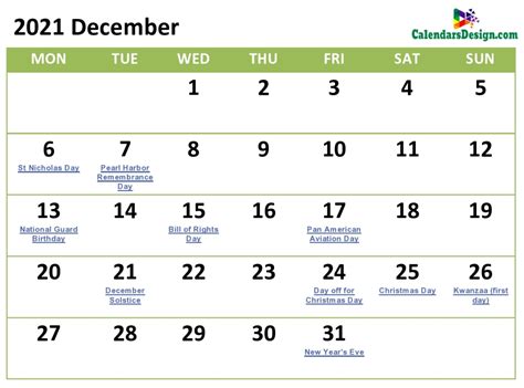 December 2021 Calendar With Holidays Us Uk Canada Germany Etc List