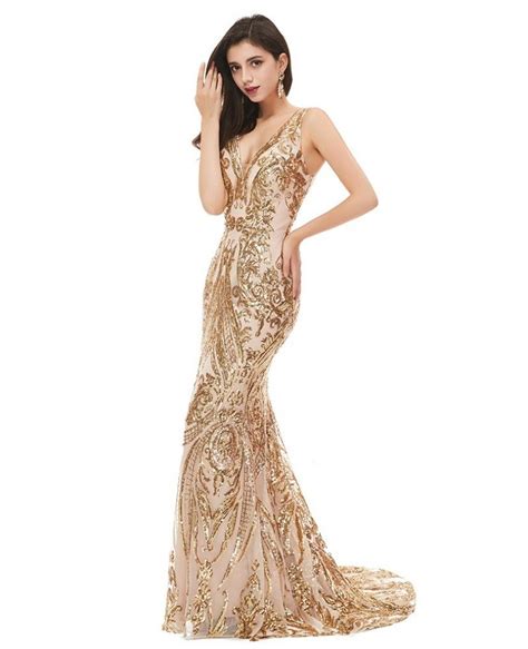 Luxe Champagne Gold Sparkly Mermaid Prom Dress Fitted Sexy Vneck Ez03k