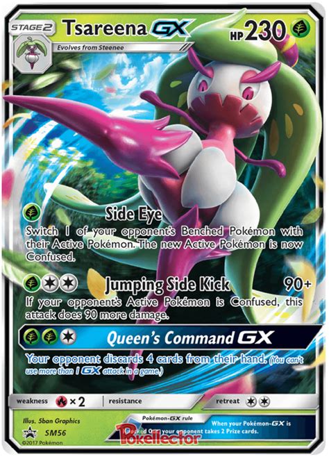 She has slender arms and legs that are the same color as her eyes. Tsareena GX - Sun & Moon Promos #56 Pokemon Card