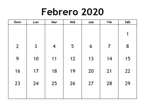 Calendario Febrero 2020 Para Imprimir