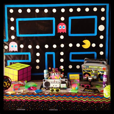 Totally Rad 80s Party Table Pacman Background Rubic Cube Boom Box