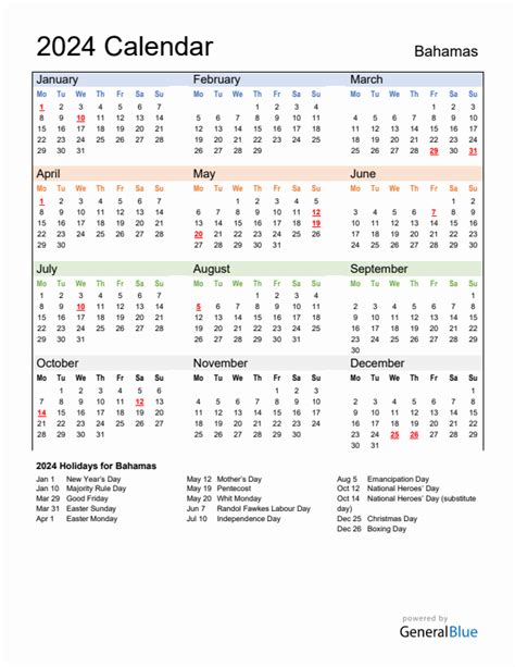 2024 Bahamas Calendar With Holidays