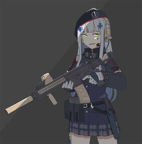 Safebooru 1girl Assault Rifle Bangs Belt Beret Black Background Black