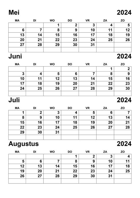 Kalender Mei Juni Juli Augustus 2024