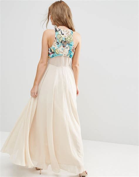 Asos Chiffon Multicoloured Embellished Crop Top Maxi Dress Lyst