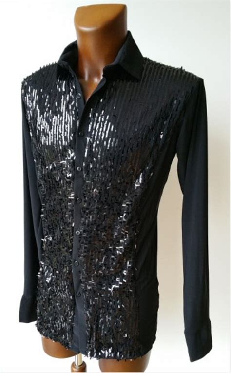 Shiny Sequin Front Mens Shirt With Collar And Buttons Zem Dancesportuk