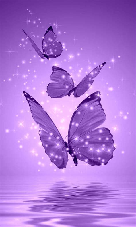 Three Purple Butterflies Flying Over Water With Sparkles In The Sky