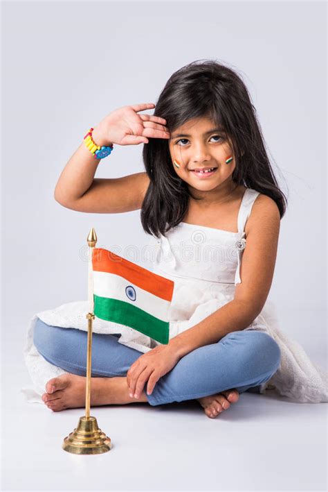 Cute Little Indian Girl Holding Indian Flag Stock Image