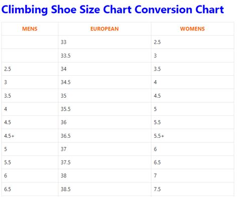Climbing Shoe Size Chart Conversion And Measurements