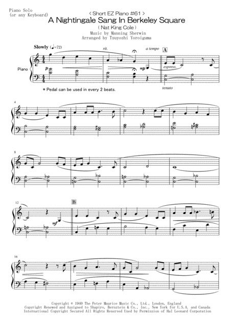 A Nightingale Sang In Berkeley Square Berkeley Square Easy Piano Sheet Music Independent