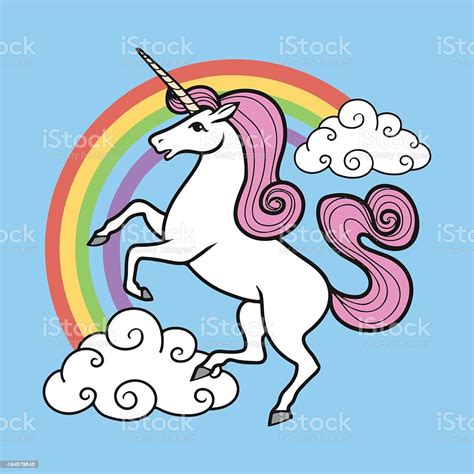 Cartoon Unicorn With Rainbow And Clouds Stock Illustration Download