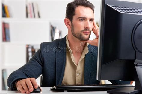 10010 Man Sitting Desk Computer Monitor Working Stock Photos Free