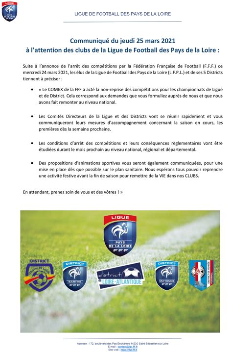 communiqué ligue districts suite à la décision de la fff ligue de football des pays de la loire