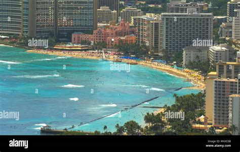 The View Of Waikiki Beach From The Summit Of Diamond Head Stock Photo