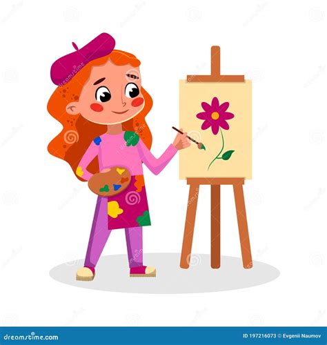 Girl Artist Character Painting On Easel Kids Hobby Or Future