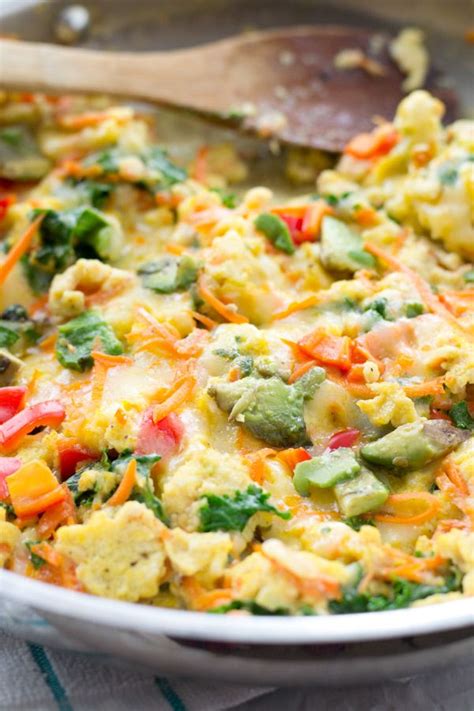 What do you do with all it is amazing how you can take a protein (eggs) and stuff them with lots of other delicious items to make a filling breakfast. Loaded with a rainbow of fresh veggies and topped with lots of cheese, these scrambled eggs are ...