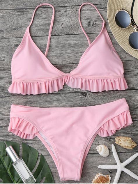 48 Off 2021 Ruffle Padded Plunge Bikini Set In Pink Zaful