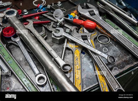 Engineering Tools Spanners Wrenches And Screwdrivers Stock Photo Alamy