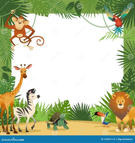 Jungle Animals Card Frame Animal Tropical Leaves Greeting Baby Banner