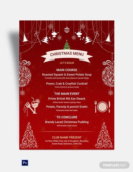 Acquiring this for yourself would mean choosing from its supported file formats of microsoft word, mac pages, adobe photoshop, and publisher. FREE Red Christmas Menu Template - PSD