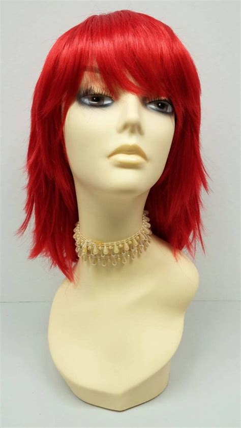 12 inch red shag style wig straight and layered w bangs anime cosplay wig wigs style