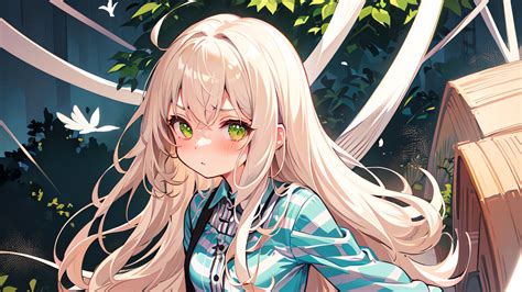 Anime Girl Green Eyes White Hair Blush White Blue Dress Green Leaves Hd Anime Wallpapers Hd