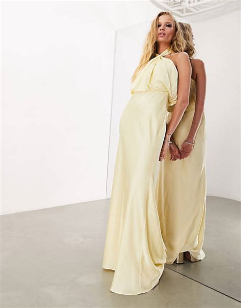 Asos Edition Satin Ruched Halterneck Maxi Dress In Lemon Asos